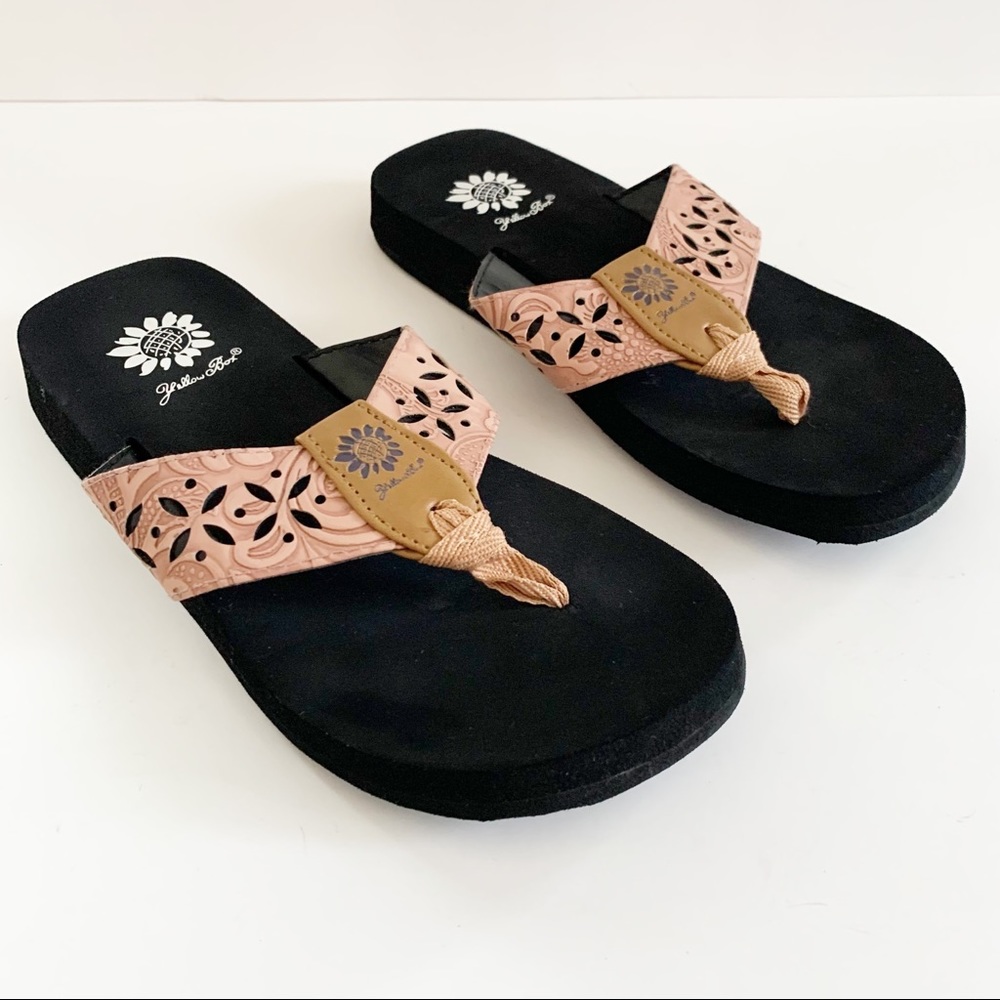 Yellow Box Thong Sandals, Floral Cut Out Upper, Size 6
